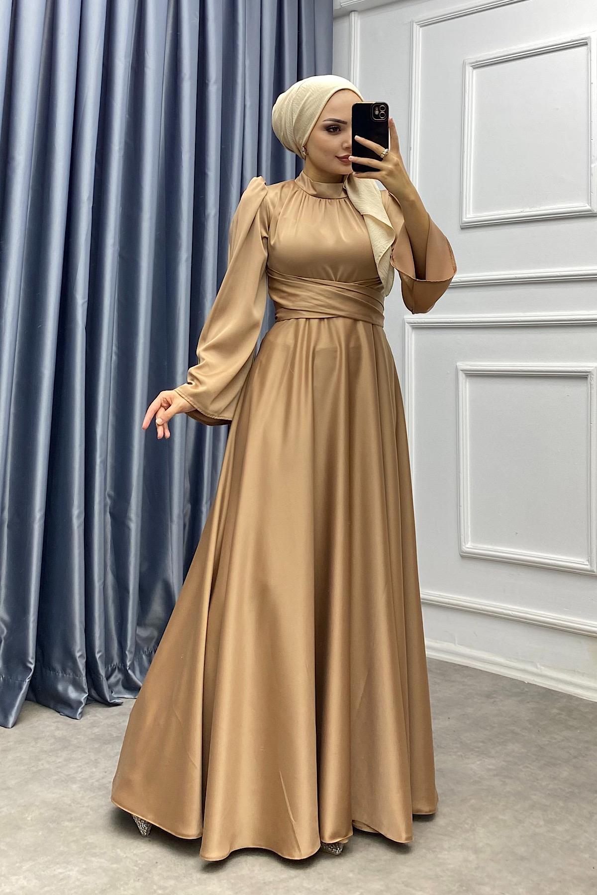 Bel Bağlamalı Saten Elbise Caramel  