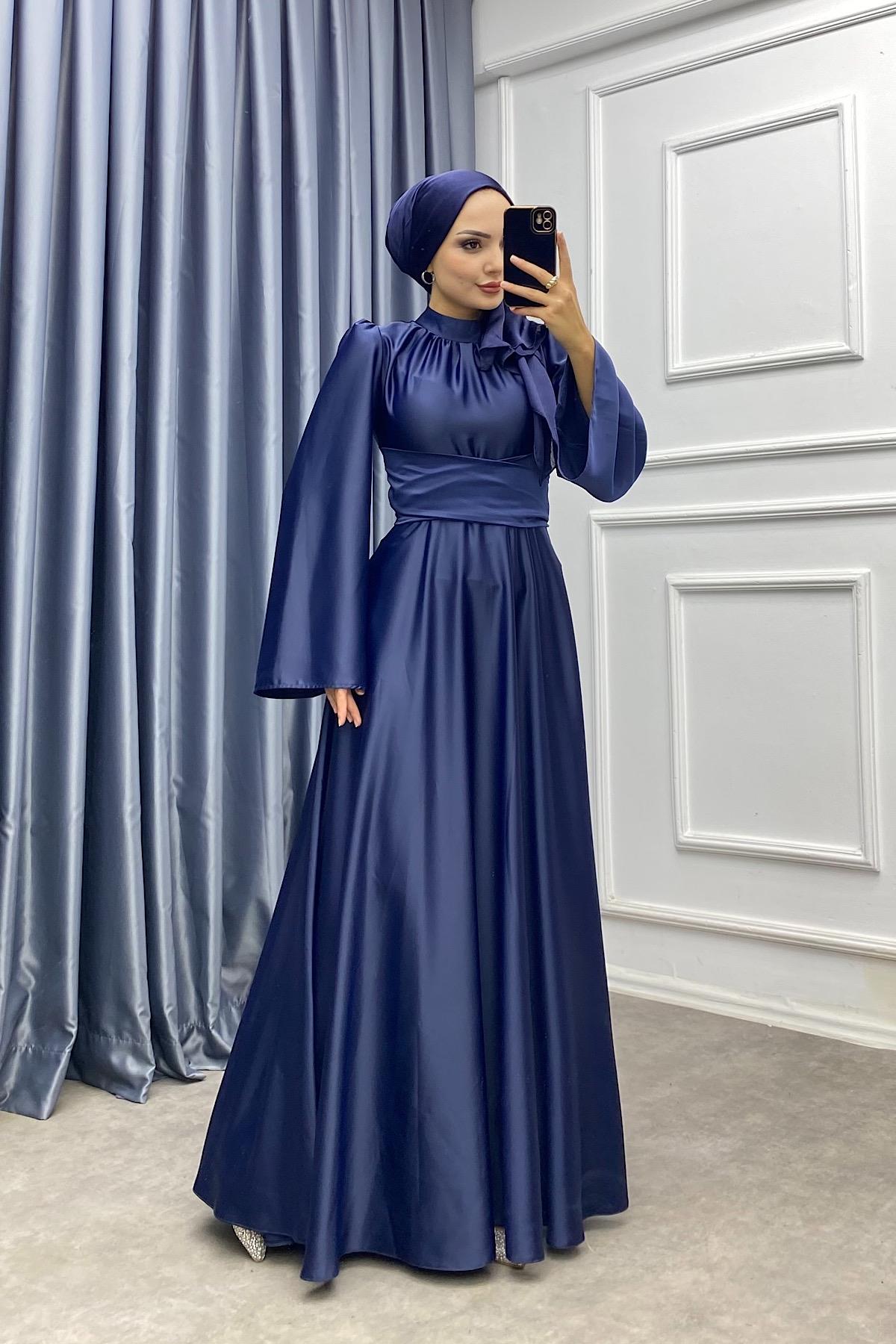 Bel Bağlamalı Saten Elbise Lacivert 
