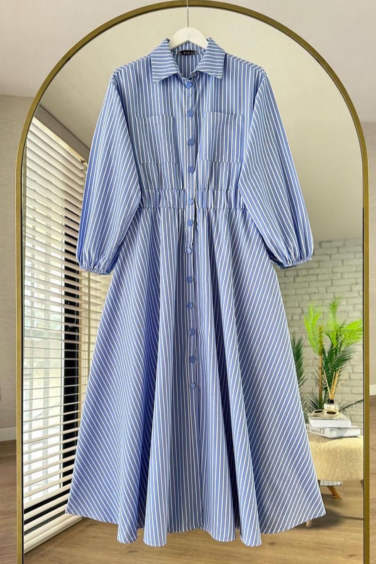 Beli lastikli Çizgili elbise Mavi 