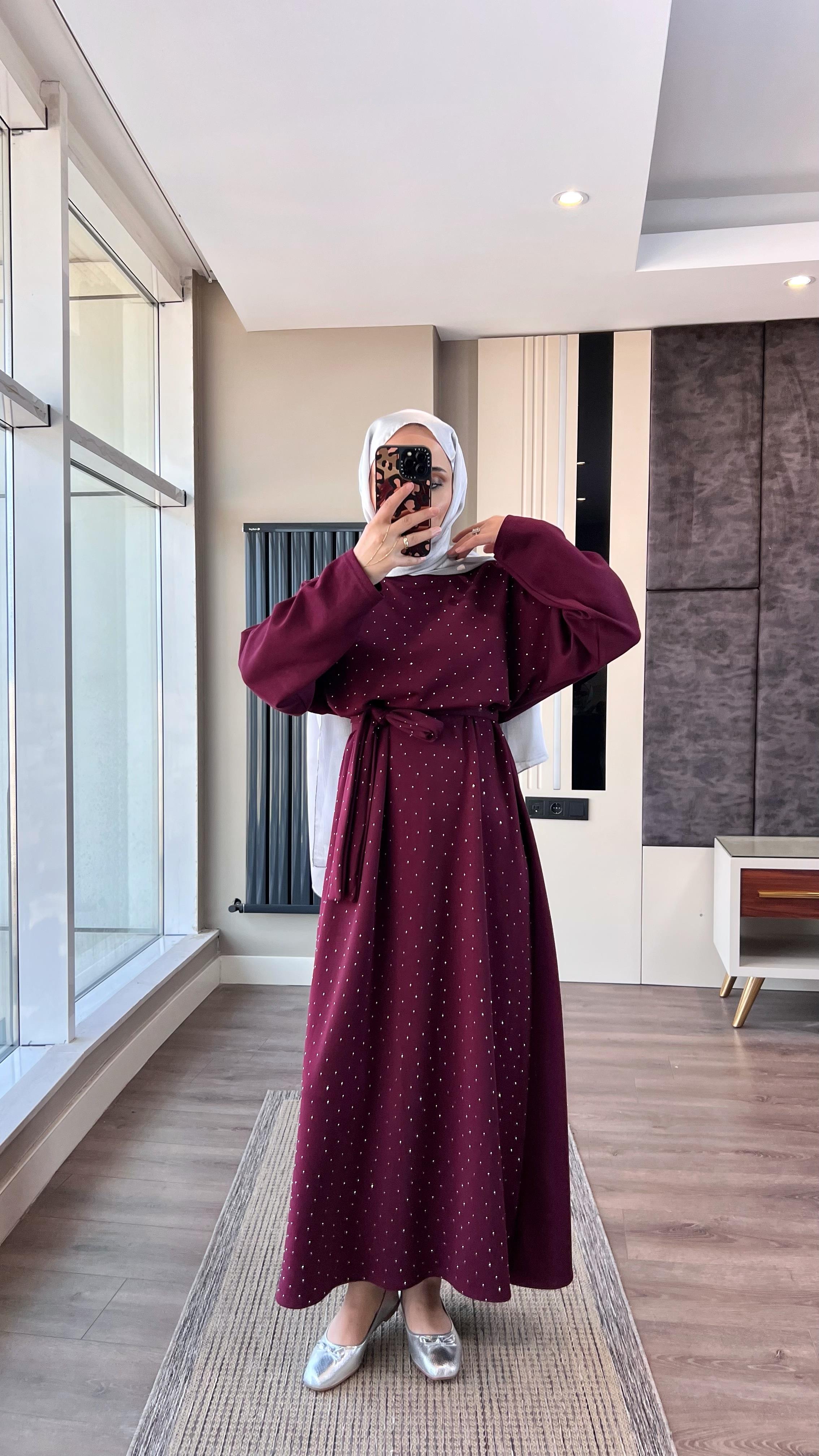 Taşlı Modal Elbise Bordo