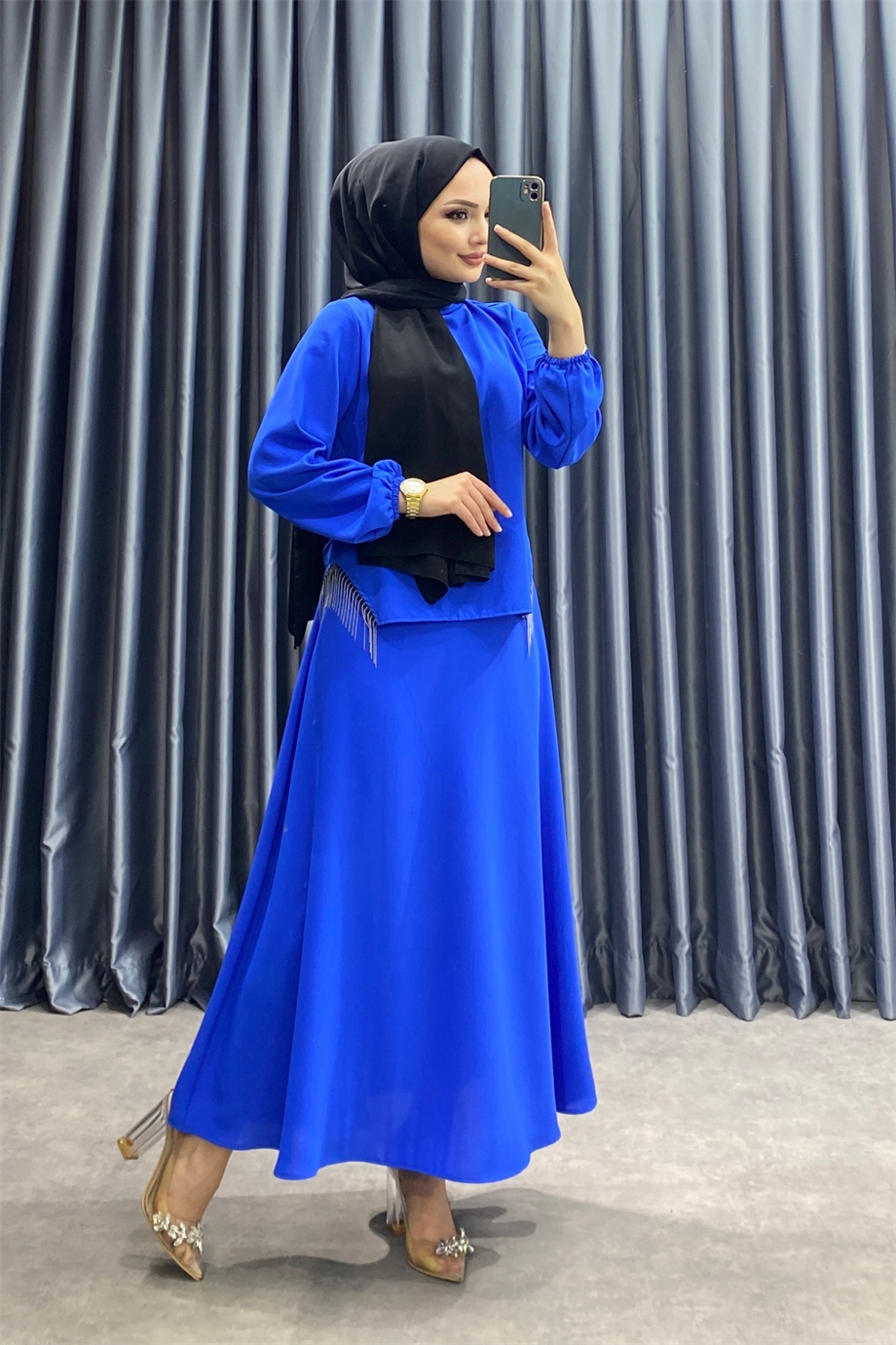Bluzu Zincir Detaylı Takım Saks Mavisi