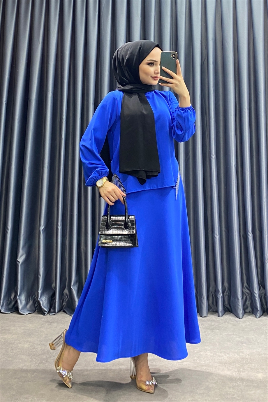 Bluzu Zincir Detaylı Takım Saks Mavisi