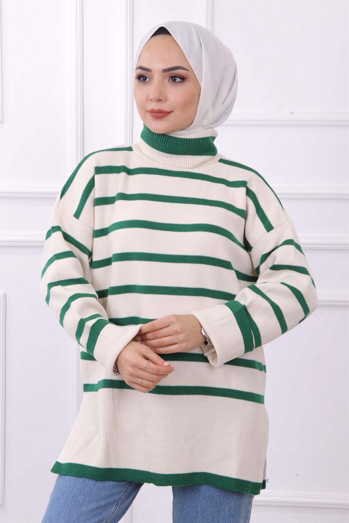 Boğazlı Çizgili Triko Tunik Yeşil