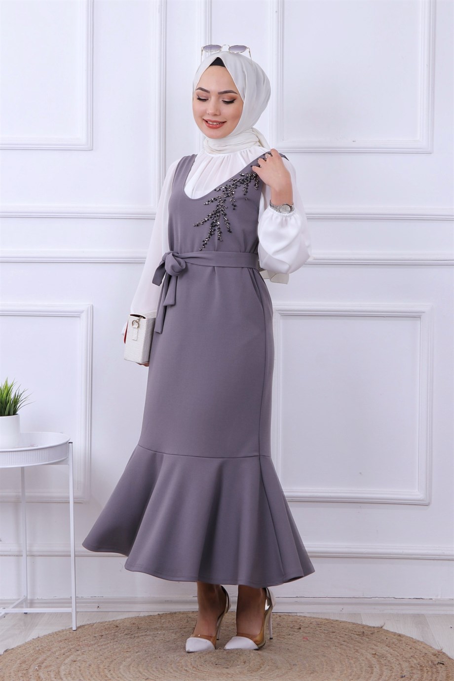 Boncuk İşlemeli Jile Gri