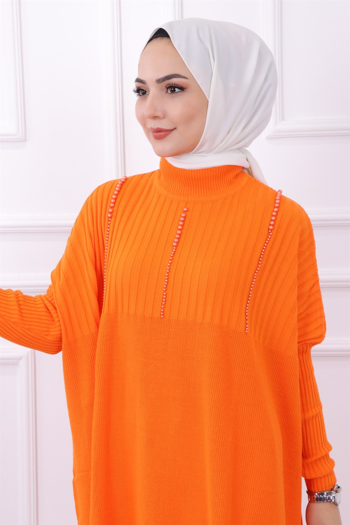 Boncuklu Triko Tunik Turuncu