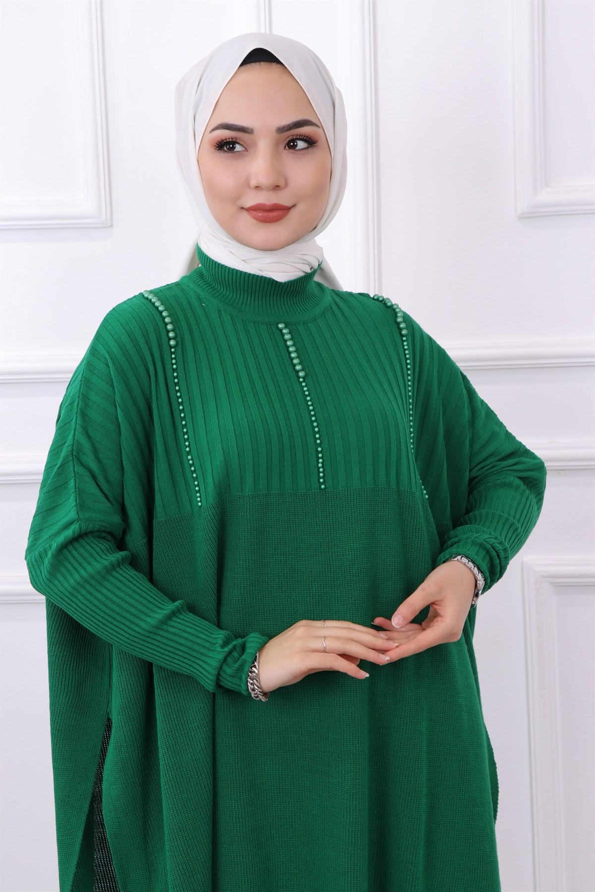 Boncuklu Triko Tunik Yeşil