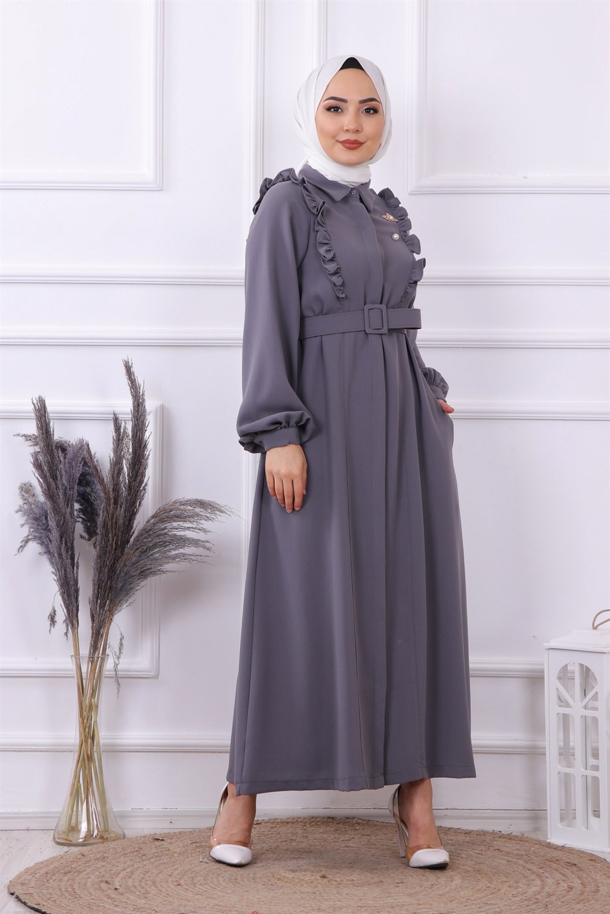 Bronşlu Elbise Gri