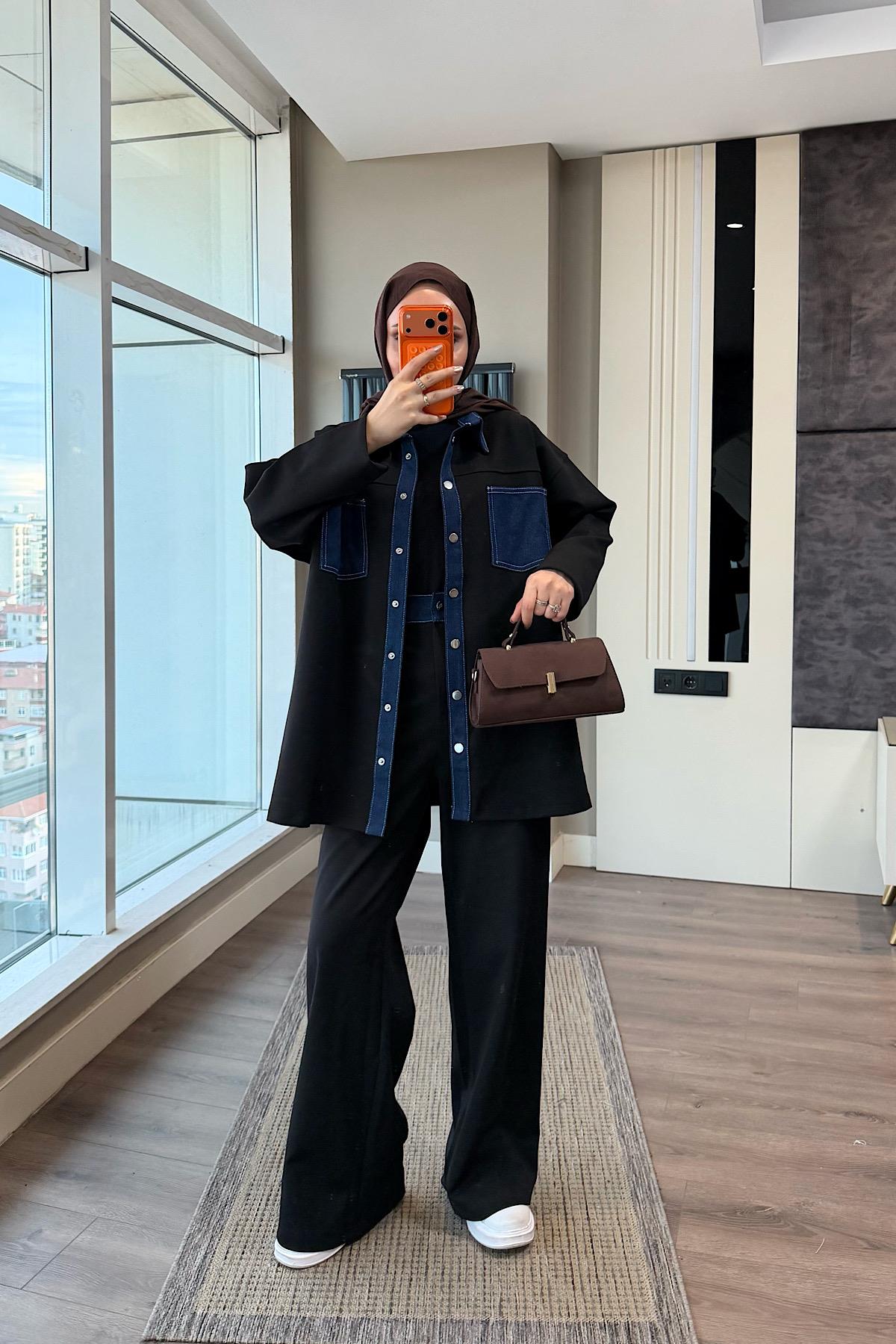 Denim Detaylı Oysho Takım Siyah