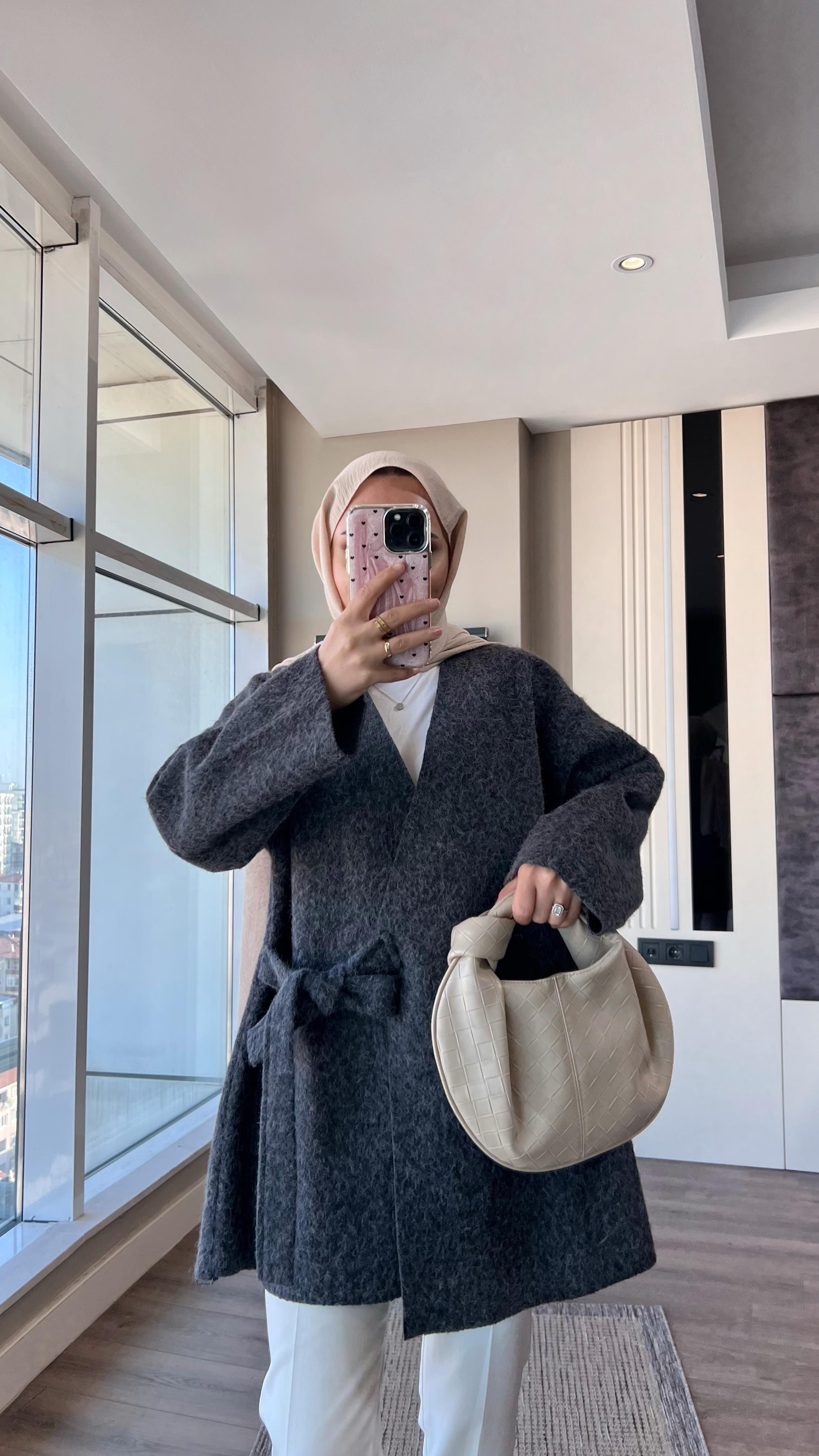 İçten Bağlamalı Buklet Hırka Antrasit