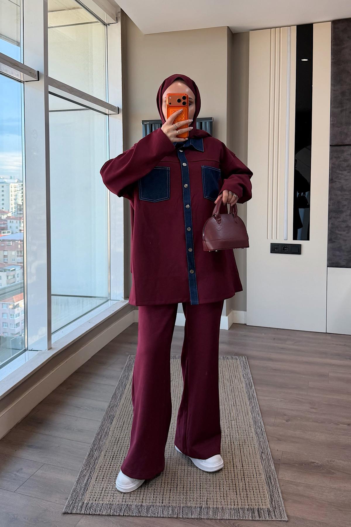 Denim Detaylı Oysho Takım Bordo