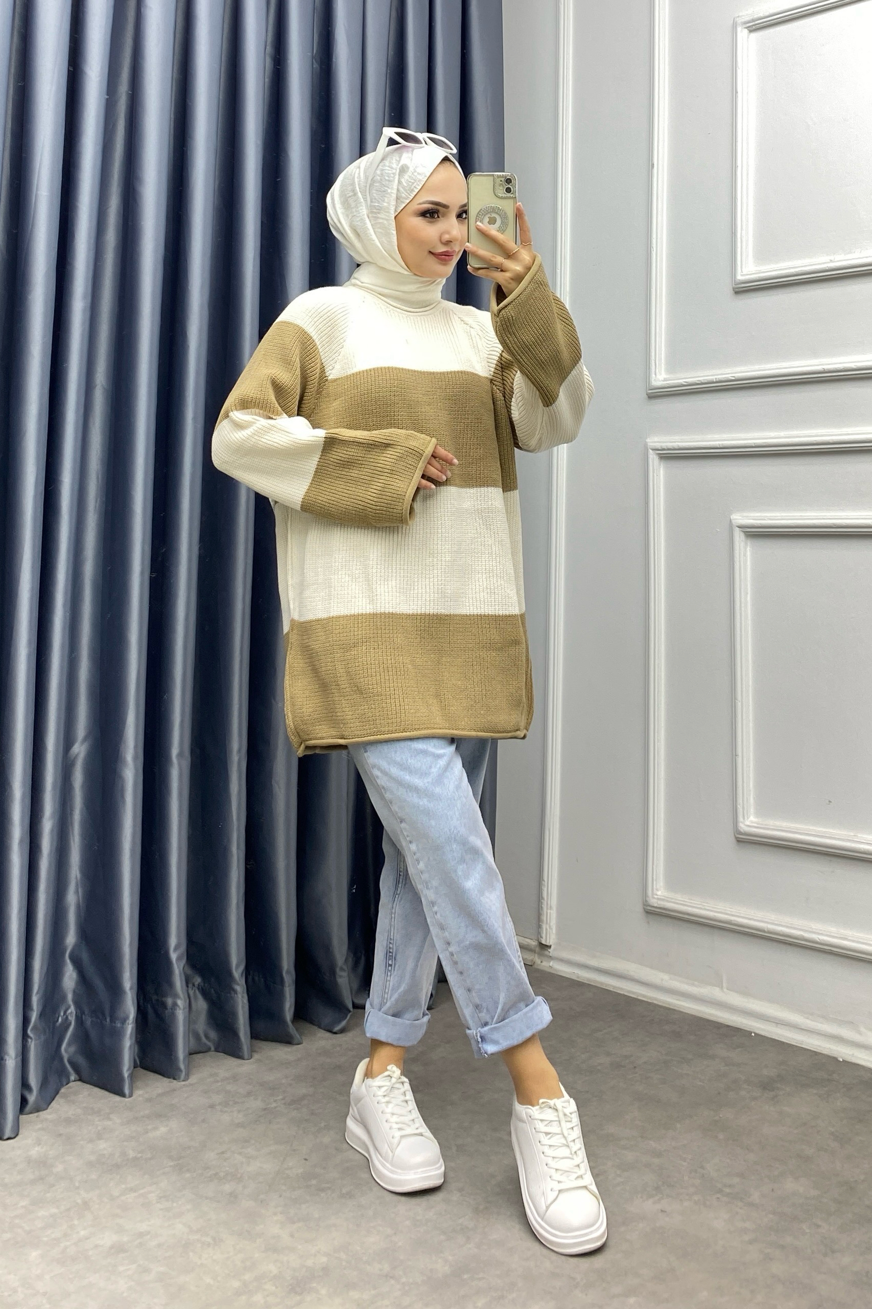 Camel Bej Çizgili Triko Tunik