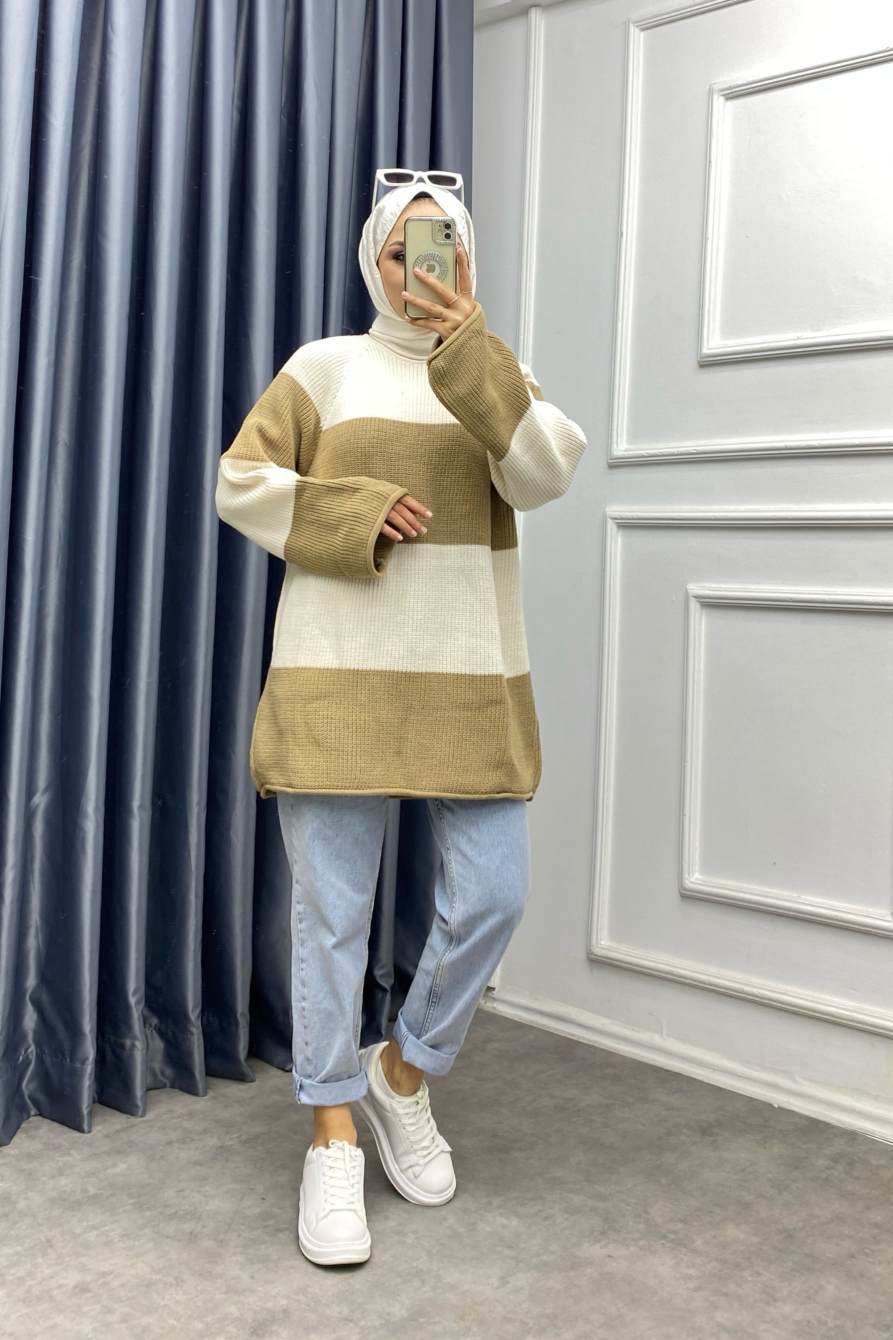 Camel Bej Çizgili Triko Tunik