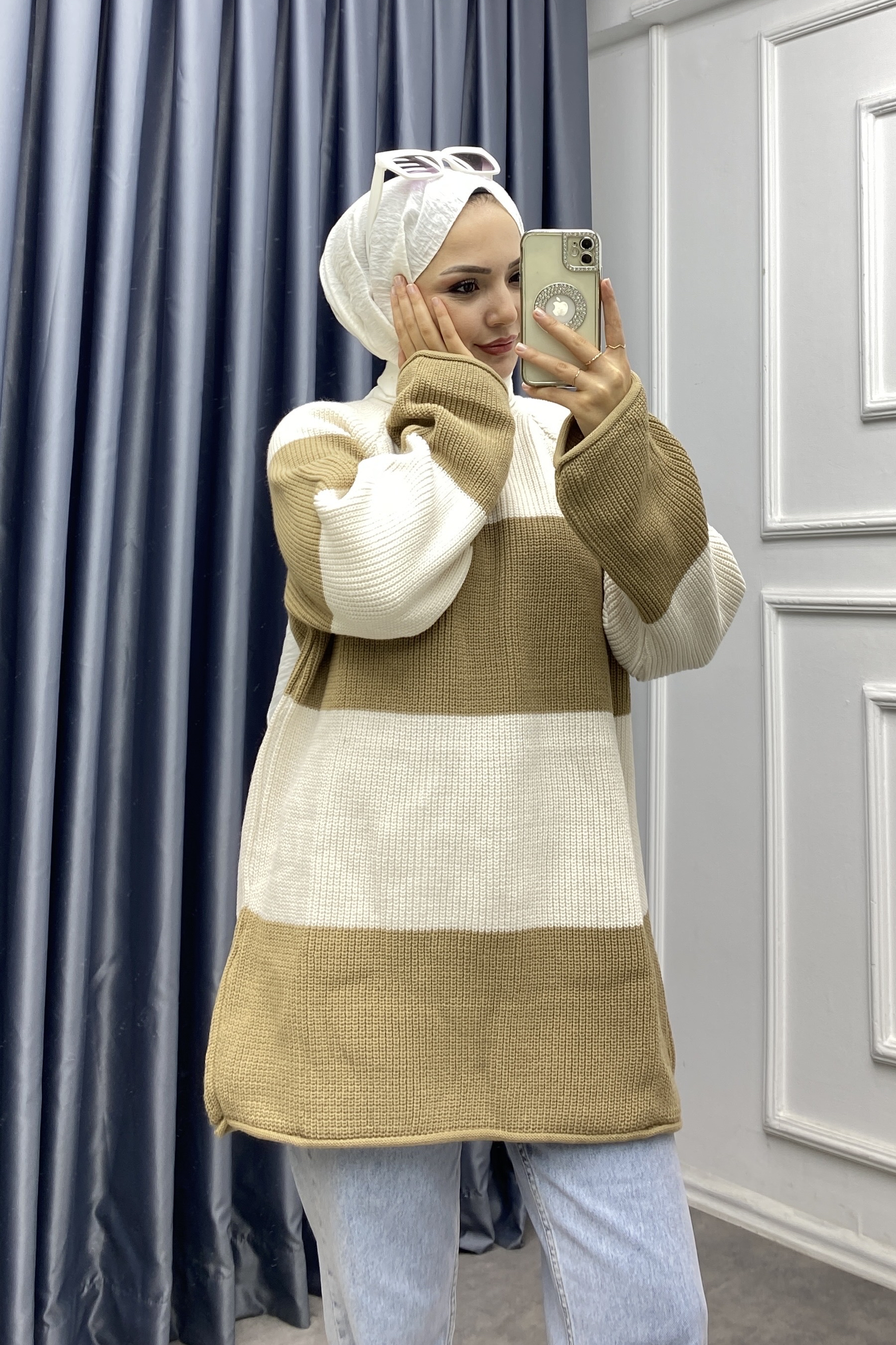 Camel Bej Çizgili Triko Tunik