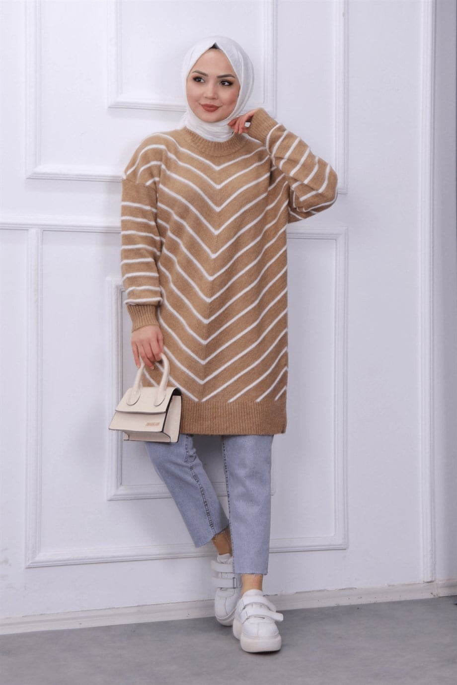 Camel Beyaz Çizgili Tunik