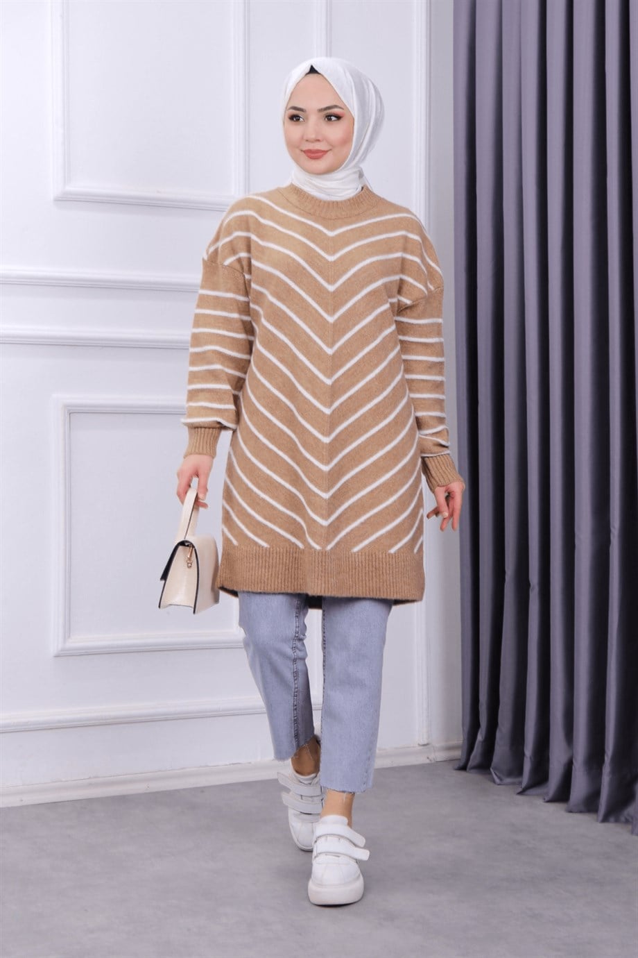 Camel Beyaz Çizgili Tunik