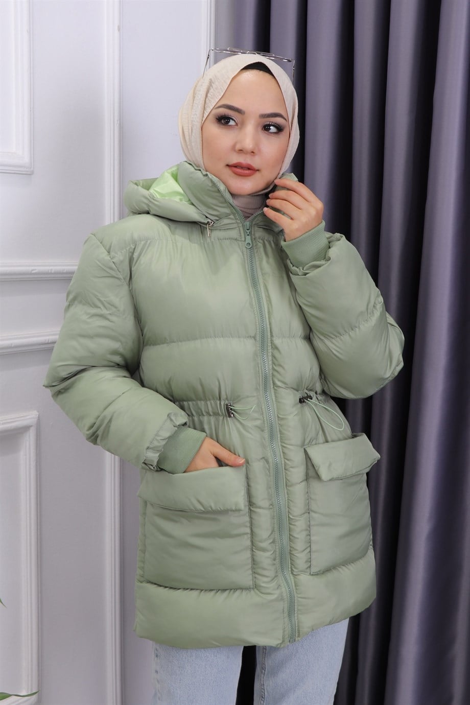 Cep Detaylı Şişme Mont Mint Yeşili