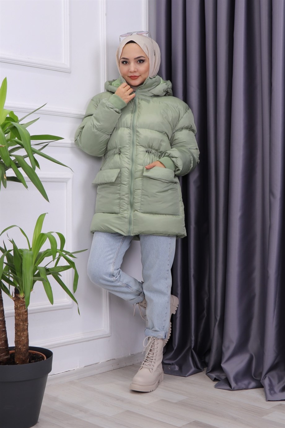 Cep Detaylı Şişme Mont Mint Yeşili
