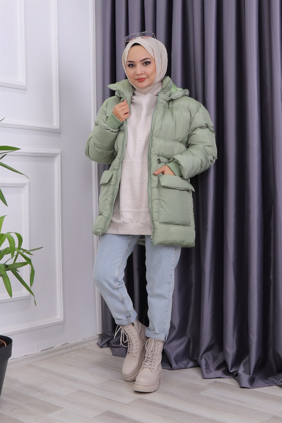 Cep Detaylı Şişme Mont Mint Yeşili