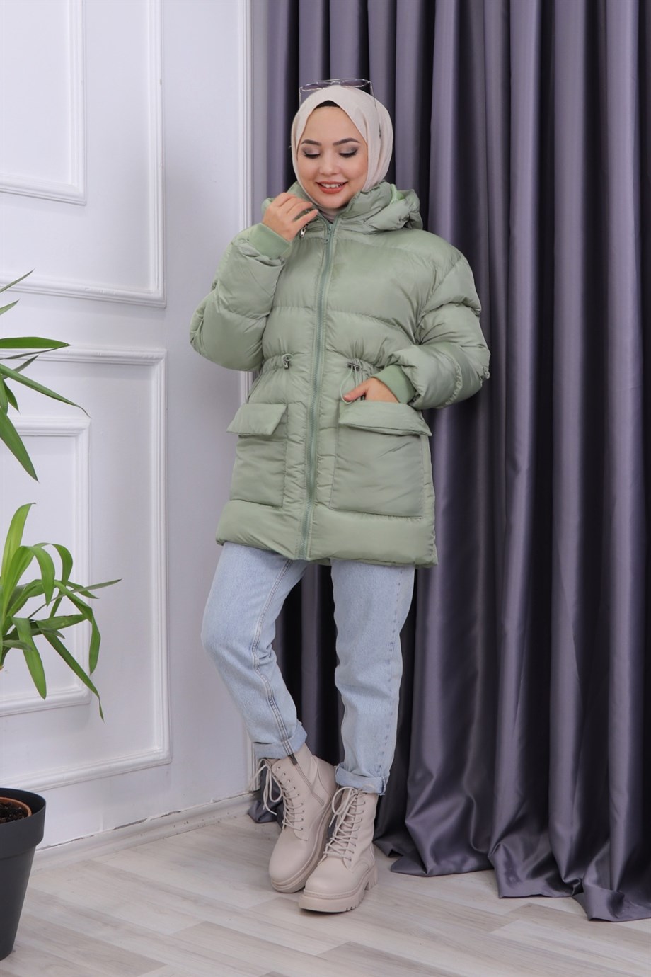 Cep Detaylı Şişme Mont Mint Yeşili