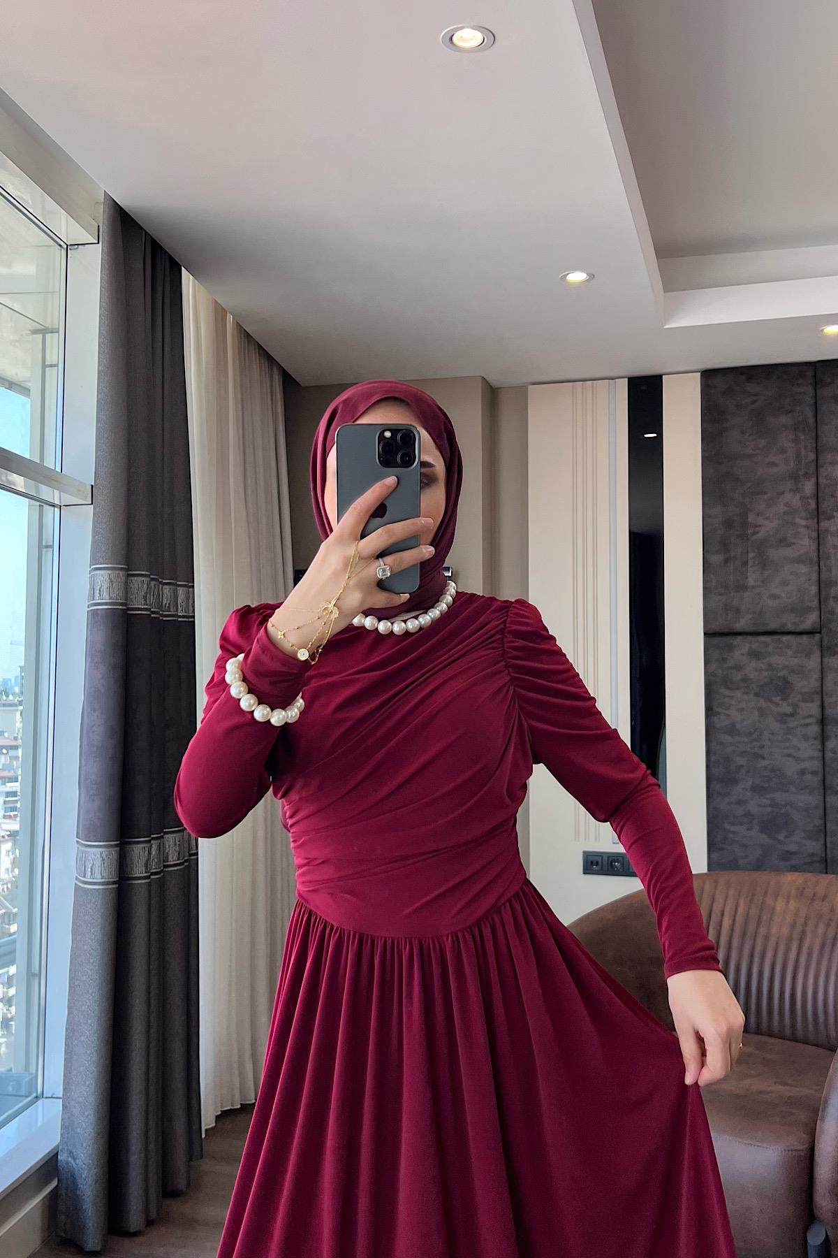 Cepli Göğüs Büzgü Detay Sandy Elbise Bordo