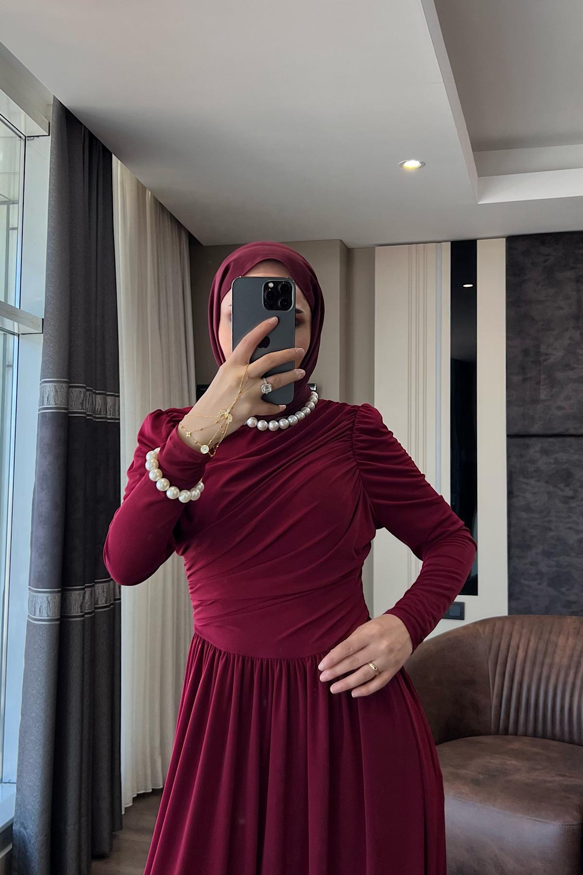 Cepli Göğüs Büzgü Detay Sandy Elbise Bordo