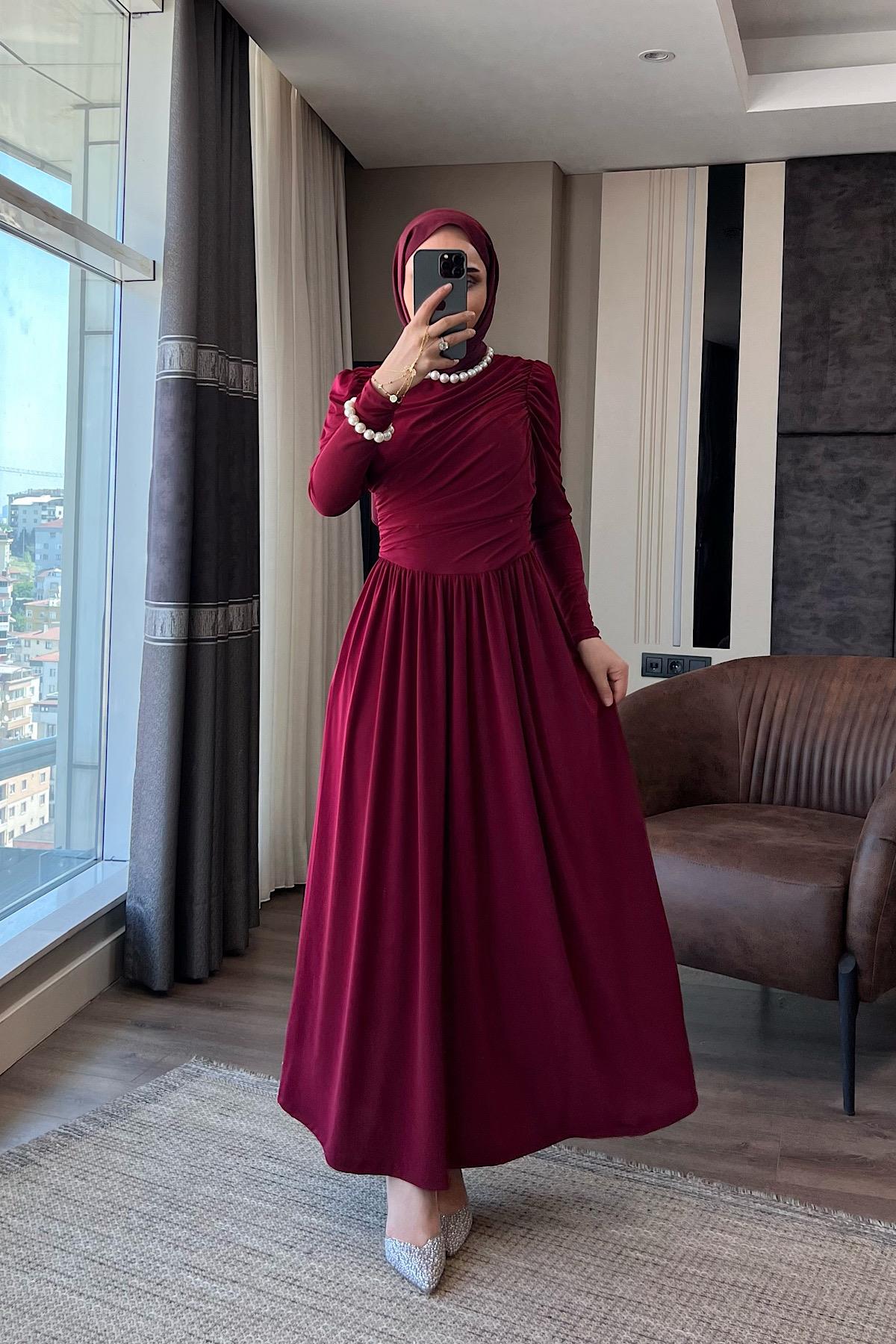 Cepli Göğüs Büzgü Detay Sandy Elbise Bordo