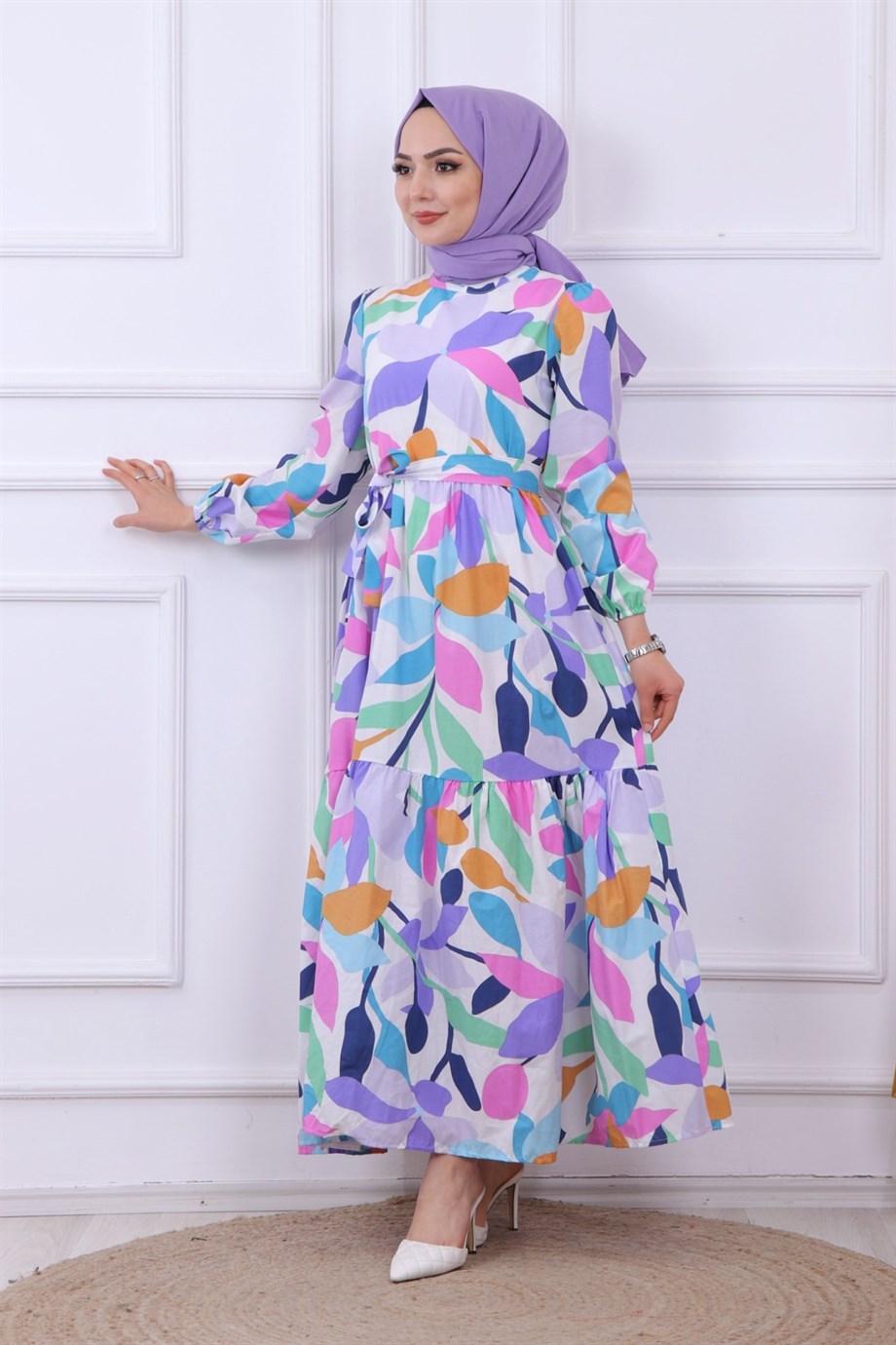 Çiçek Desen Elbise Lila