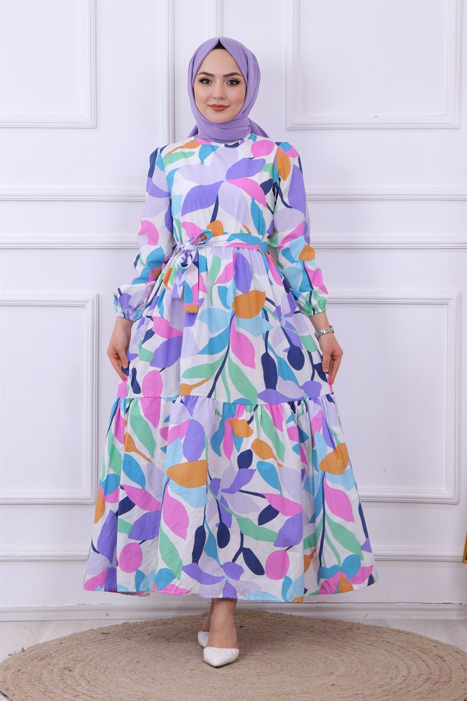 Çiçek Desen Elbise Lila