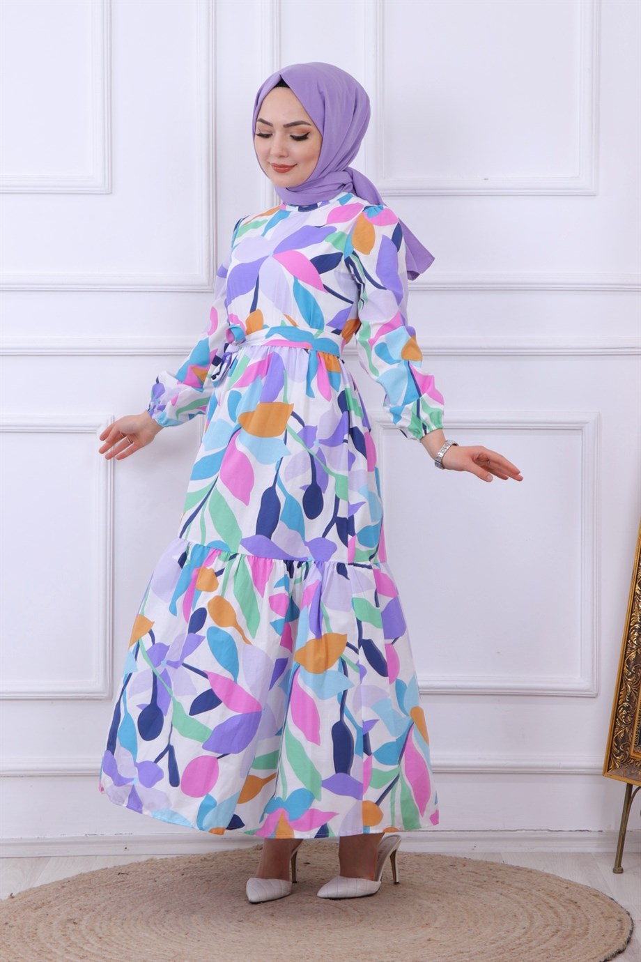 Çiçek Desen Elbise Lila