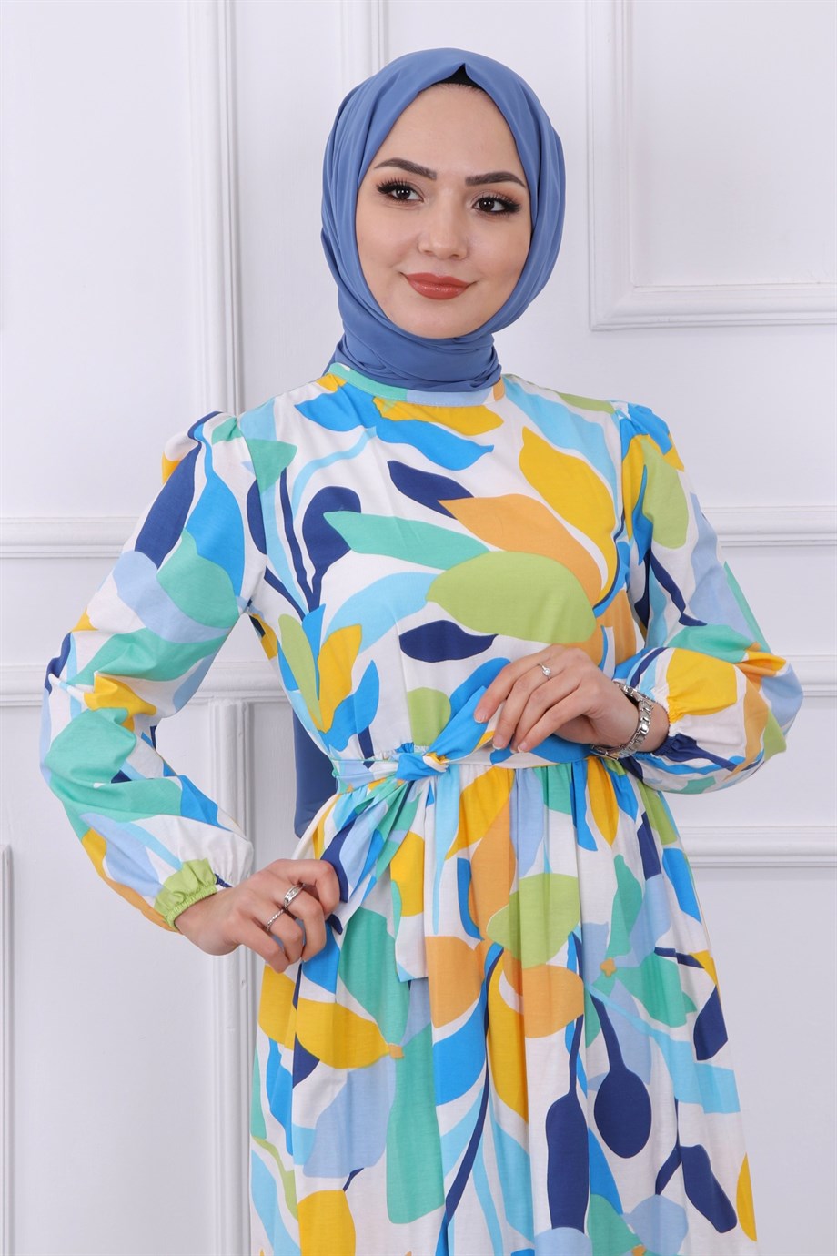 Çiçek Desen Elbise Mavi Yeşil