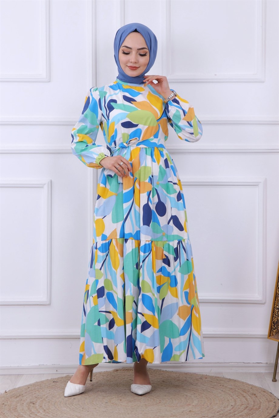 Çiçek Desen Elbise Mavi Yeşil