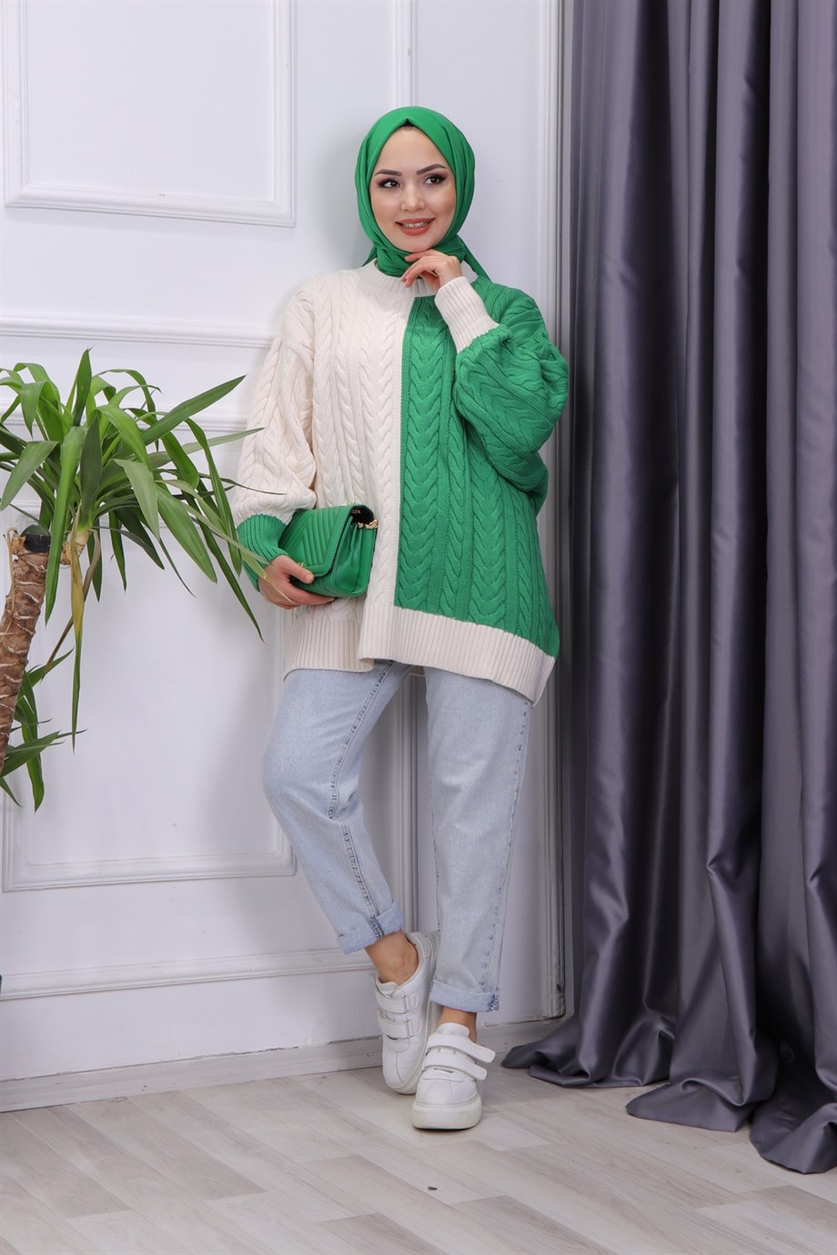Çift Renk Tunik Yeşil-Krem