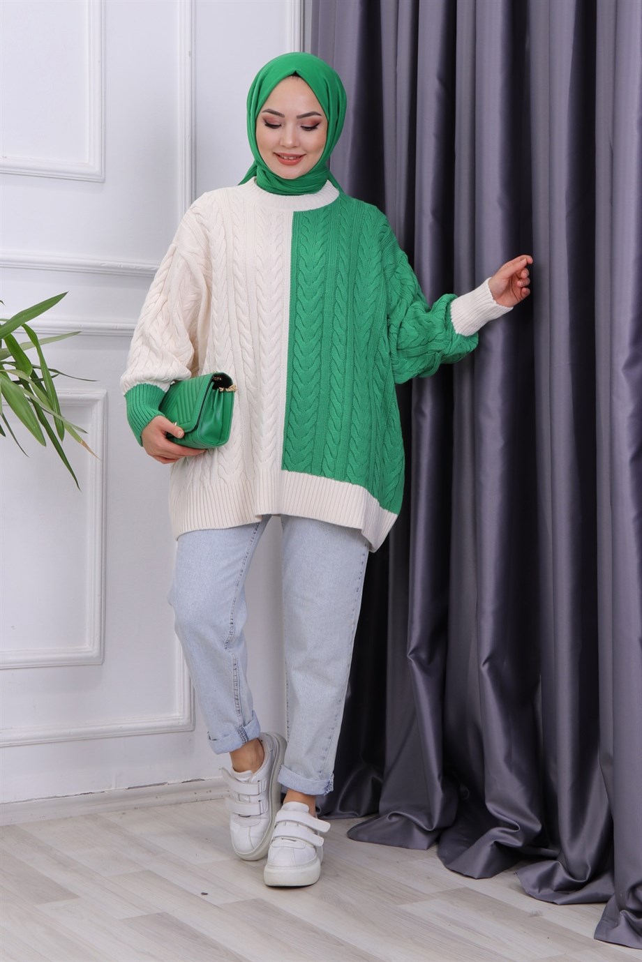 Çift Renk Tunik Yeşil-Krem