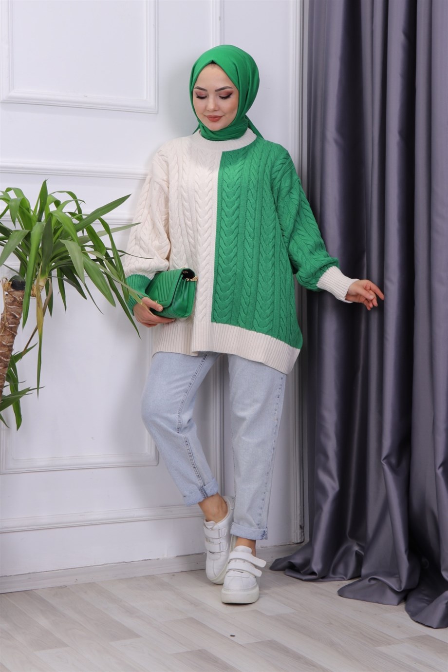 Çift Renk Tunik Yeşil-Krem