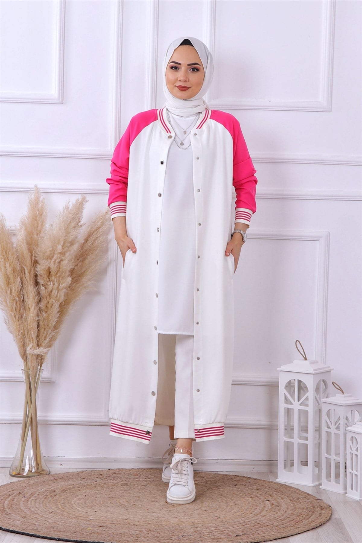 Çıt Çıt Model Ekru Kolları Fuşya Hırka