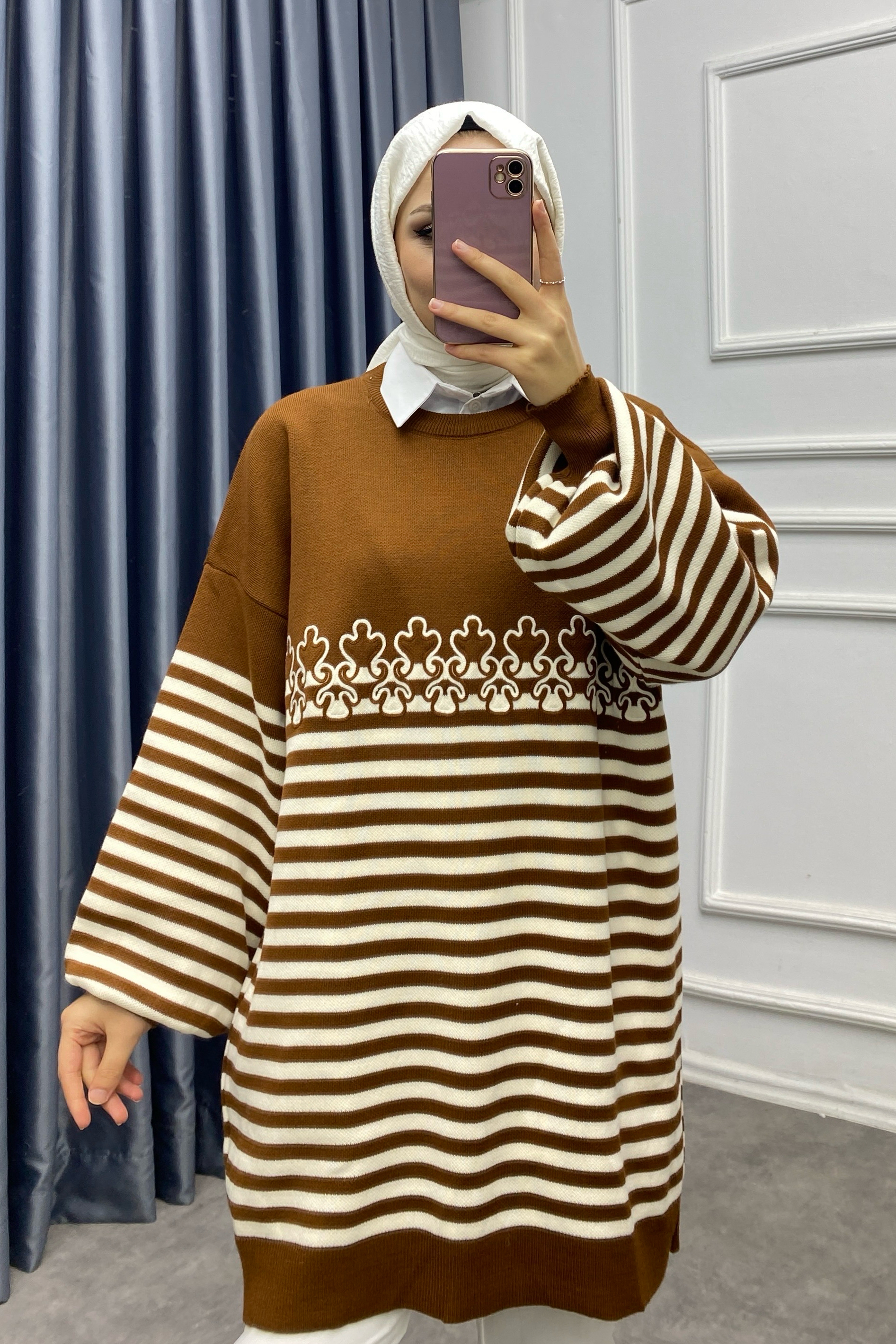 Çizgili Nakışlı Balon Kol Tunik Taba