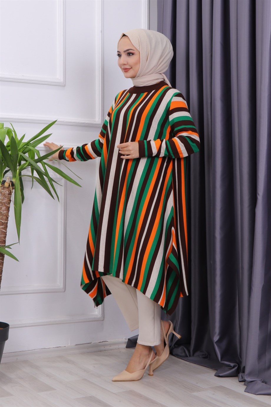 Çizgili Triko Tunik Acı Kahve
