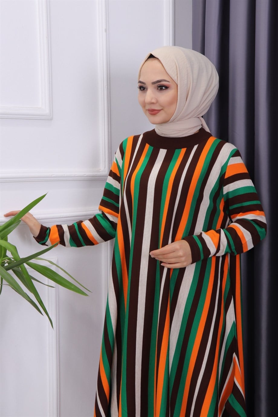 Çizgili Triko Tunik Acı Kahve