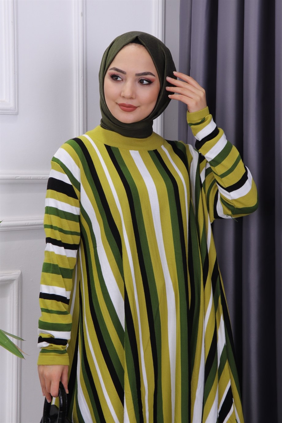 Çizgili Triko Tunik Yeşil