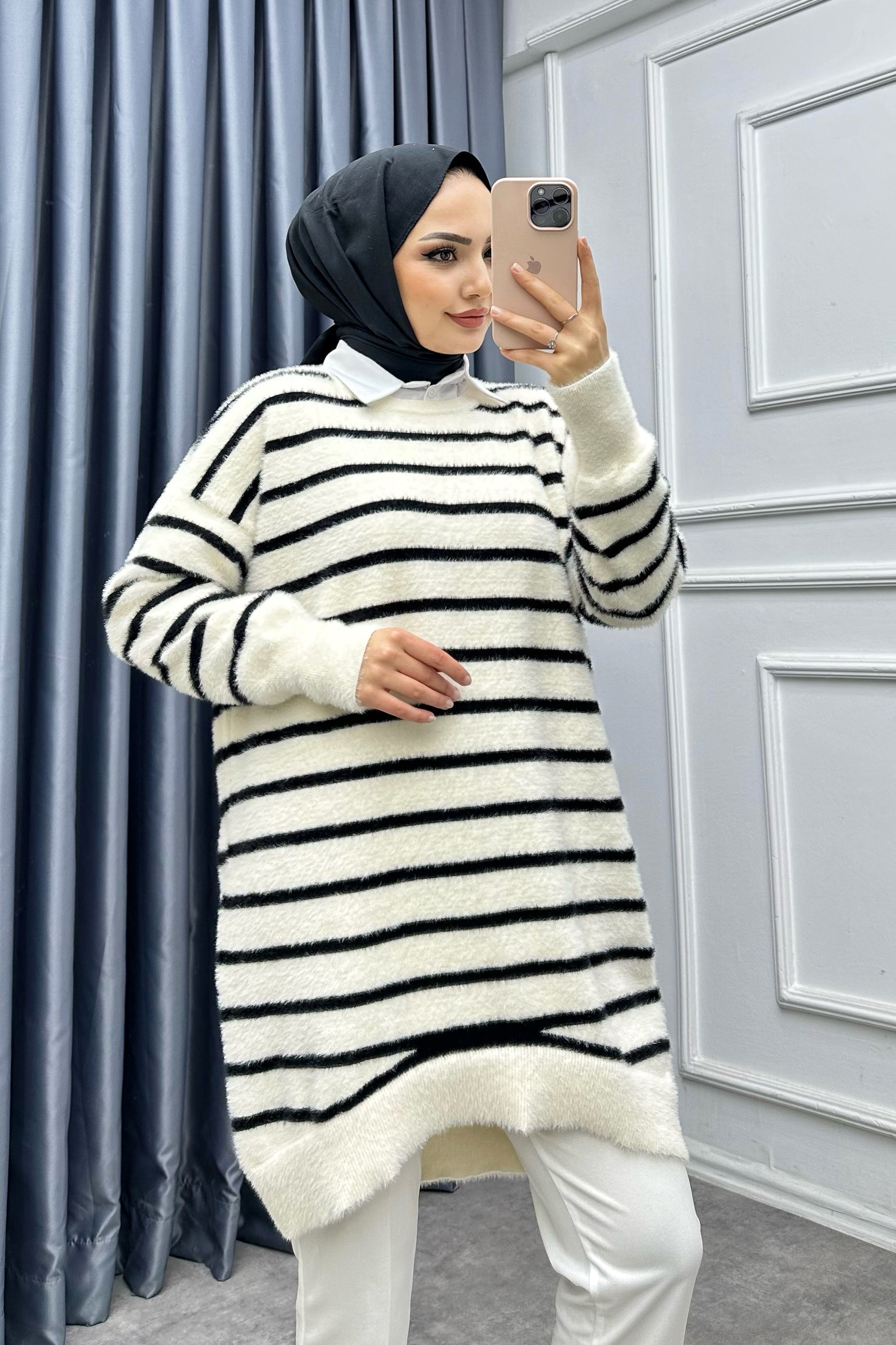 Çizgili Yumoş Tunik Beyaz