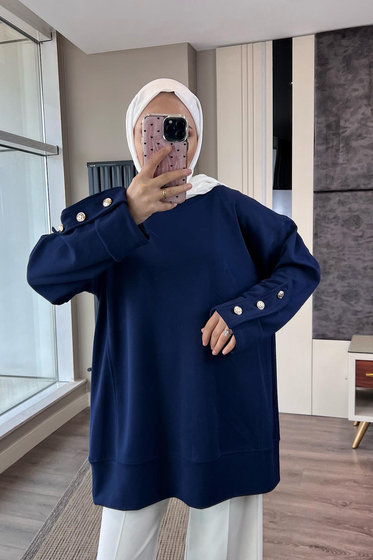 Kolu Düğme Detaylı Sweat Lacivert