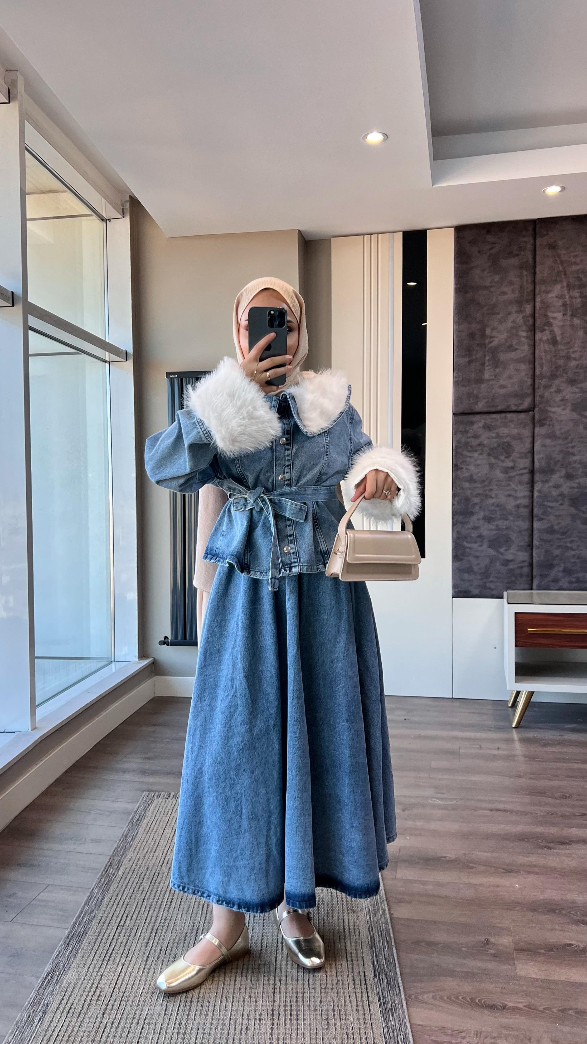 Manşet Kürk Detay Denim Takım