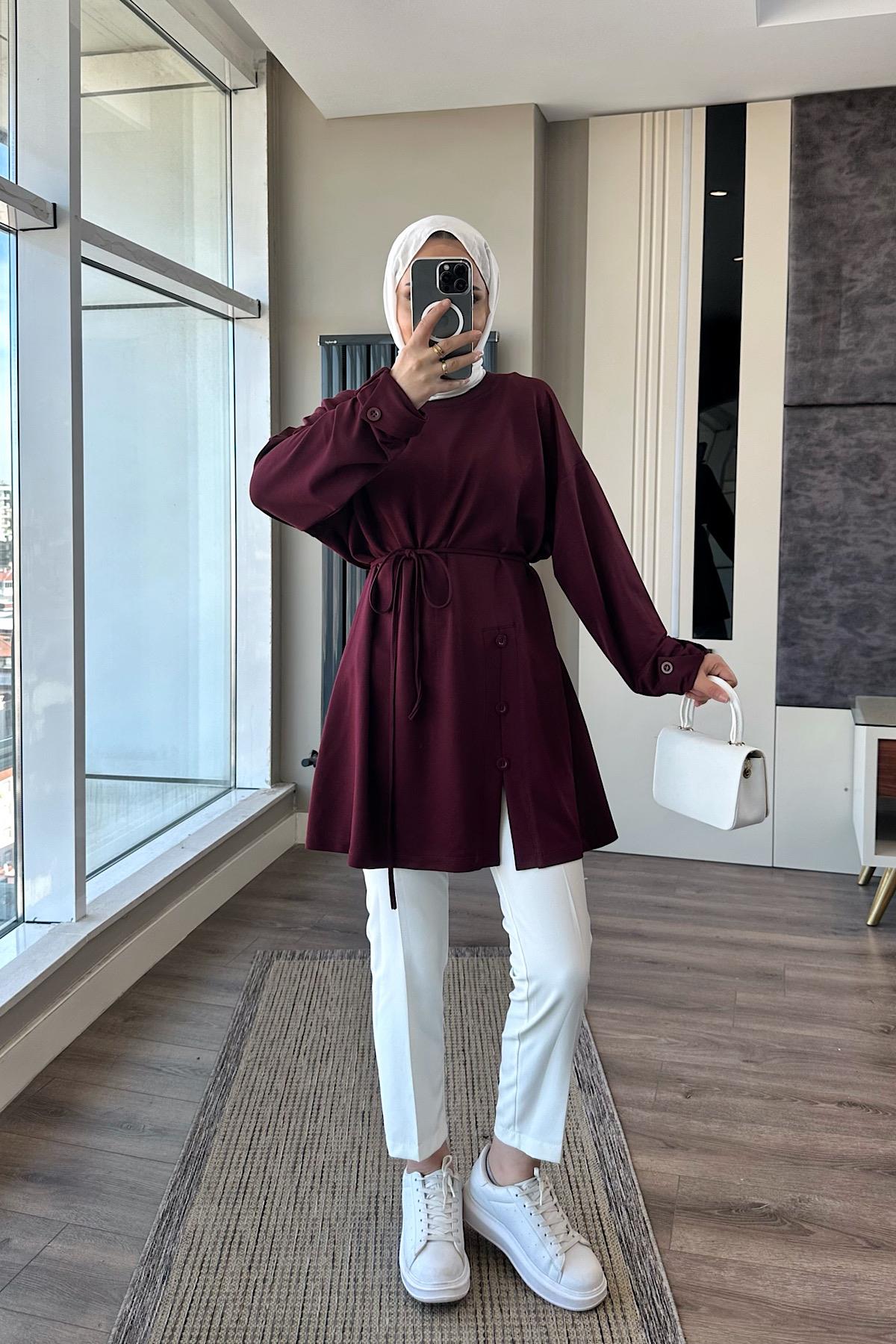 Düğme Detaylı Tunik Bordo