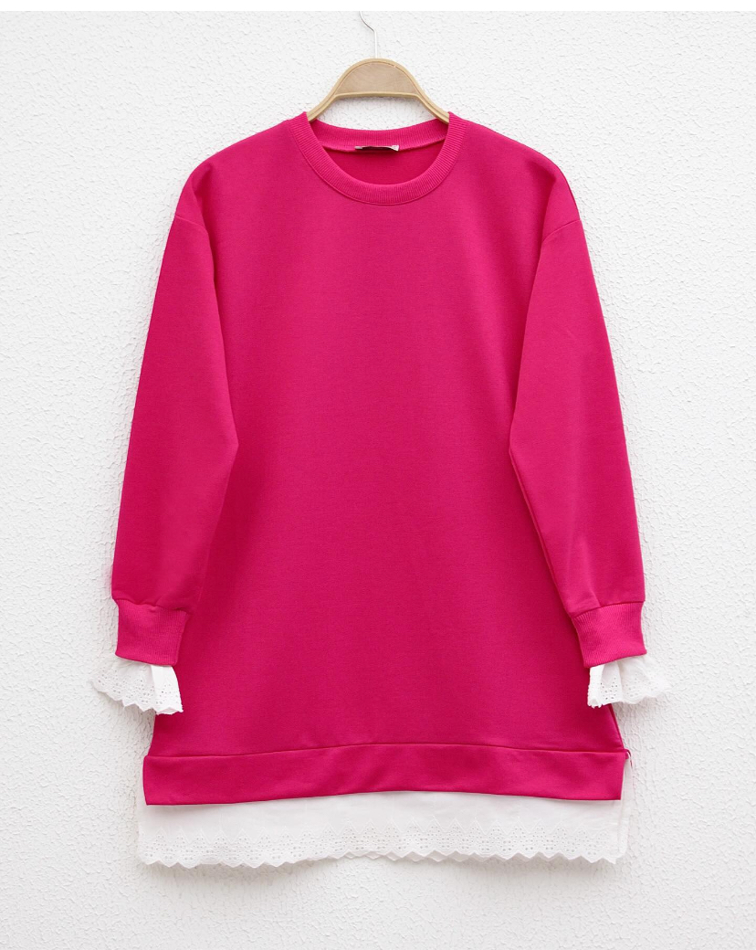 Dantel Detaylı Sweat Pembe