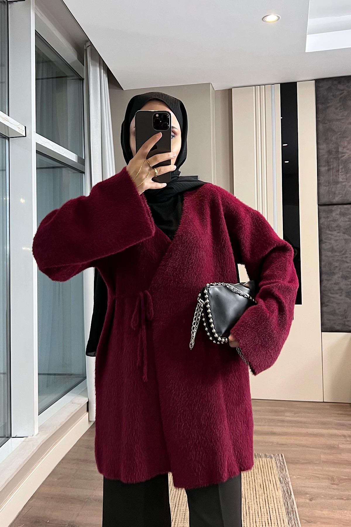 İçten Bağlama Detaylı Yumoş Hırka Bordo
