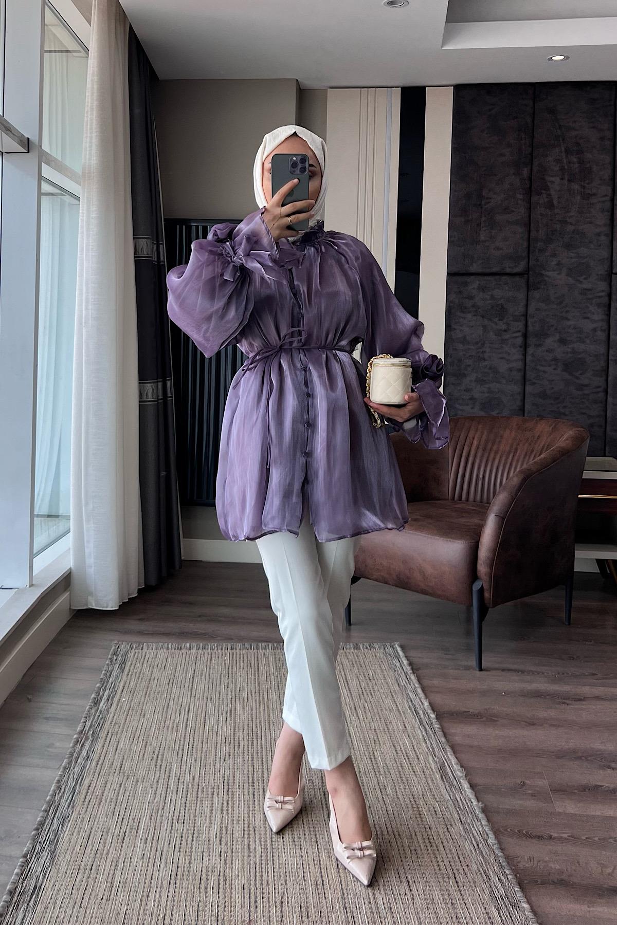 Organze Gül Detaylı Tunik Lila