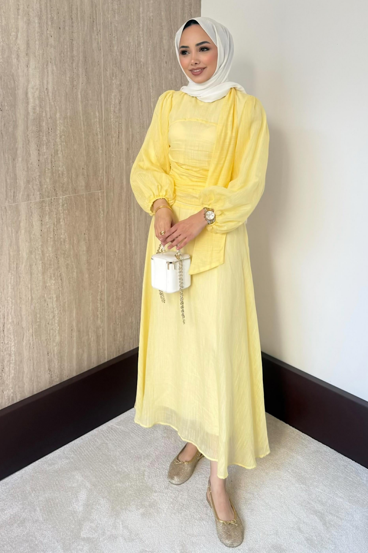 Belden Oturtmalı Elbise sarı