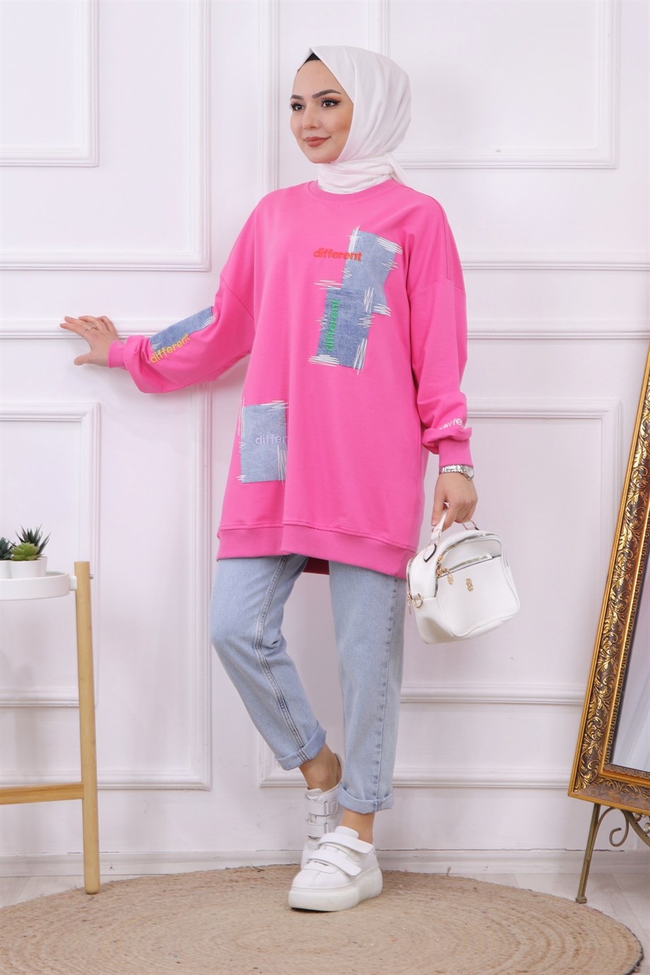 Denim Ve Nakış Detaylı Sweat Pembe