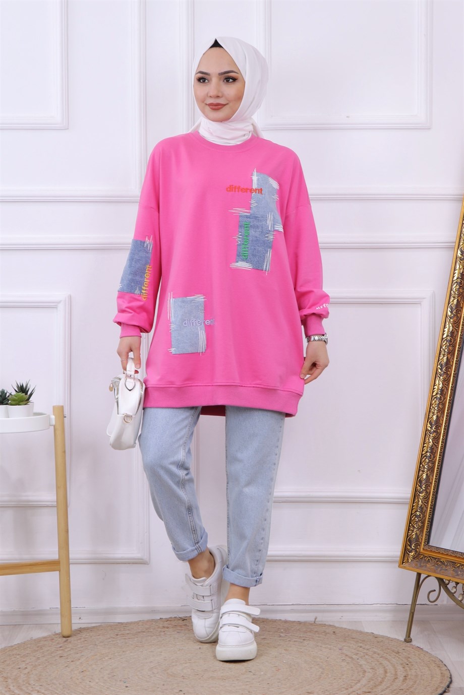 Denim Ve Nakış Detaylı Sweat Pembe
