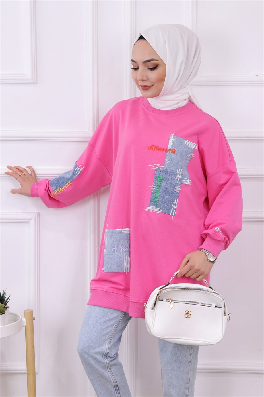 Denim Ve Nakış Detaylı Sweat Pembe